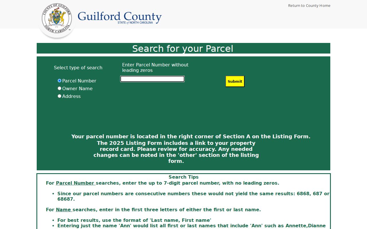 Guilford County people search by owner name and parcel