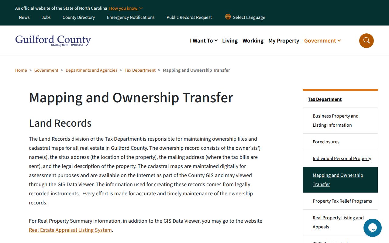 Guilford County public records mapping and ownership transfer page