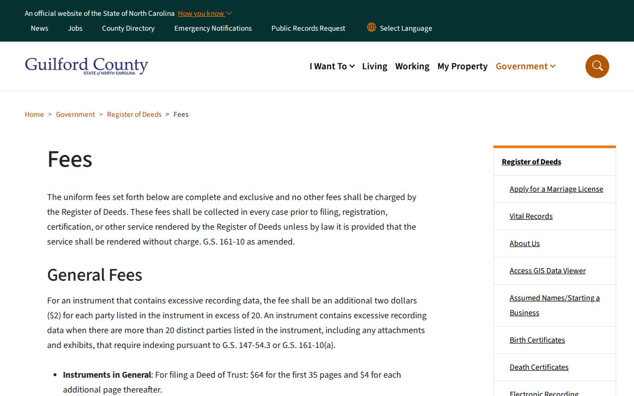 Guilford County public records Register of Deeds fee schedule